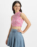 Pink Printed High Neck Cropped Tank Top