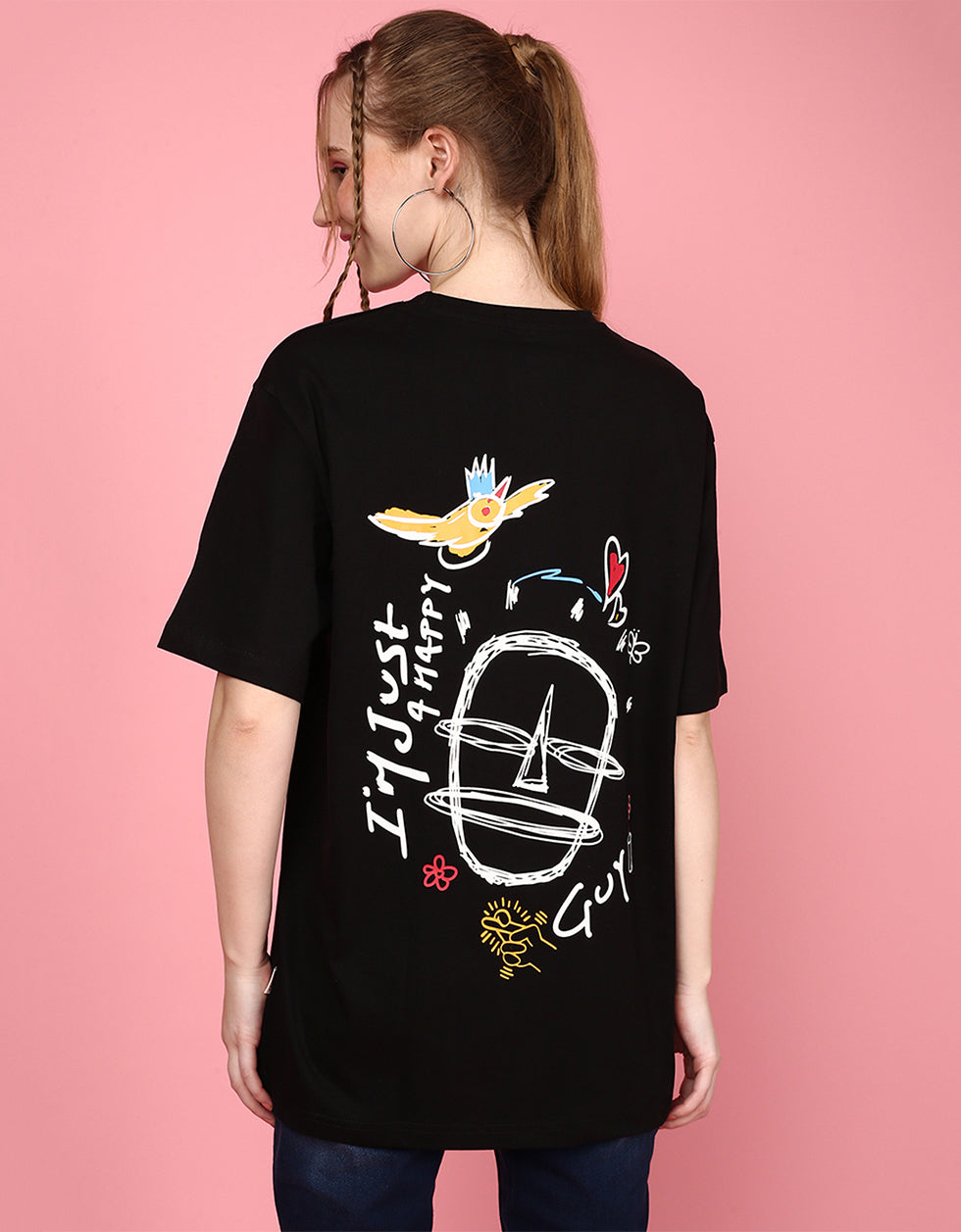 Happy Guy Black Graphic Printed Oversized T-Shirt