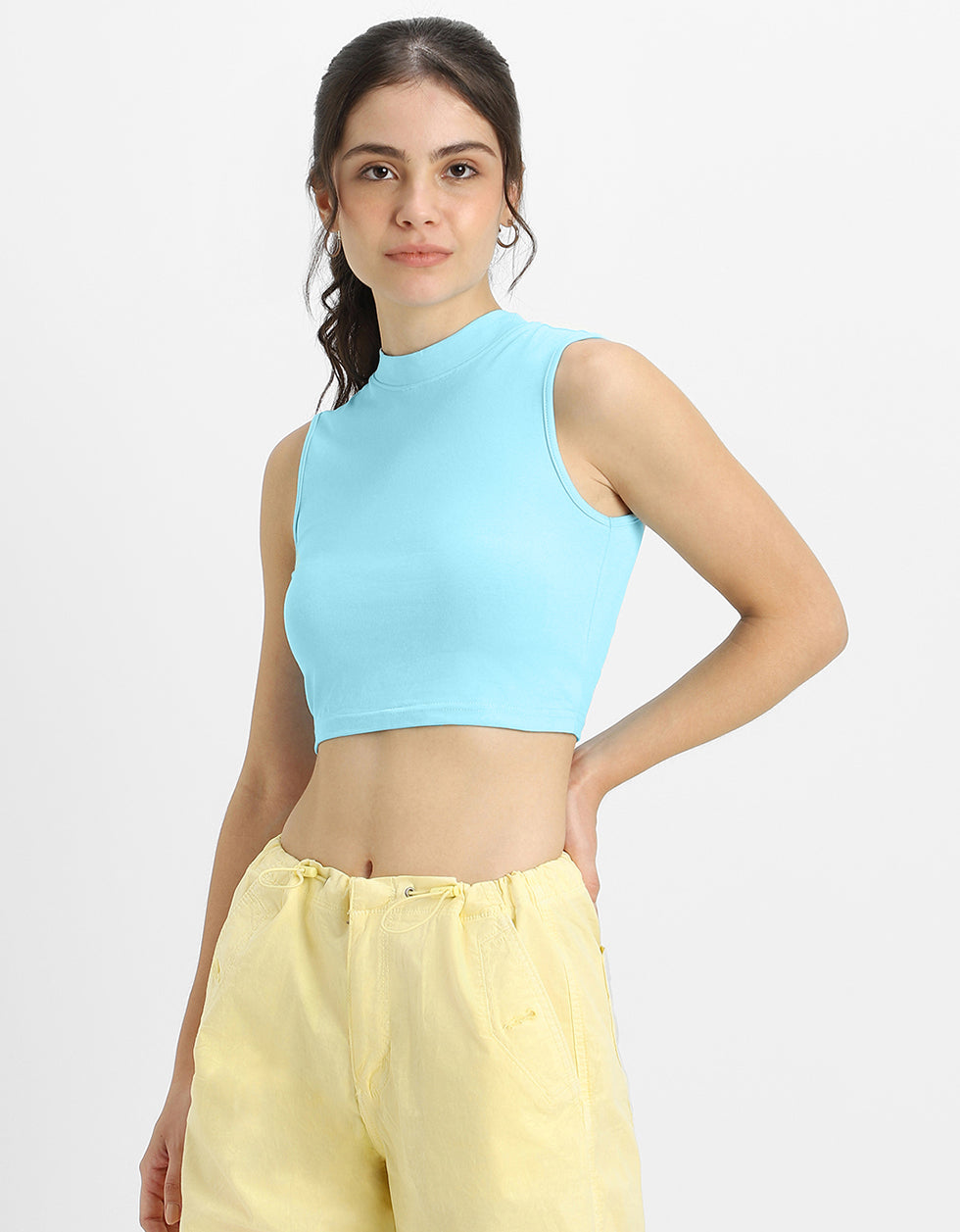 Sky Blue Plain High Neck Cropped Tank Top