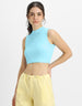 Sky Blue Plain High Neck Cropped Tank Top