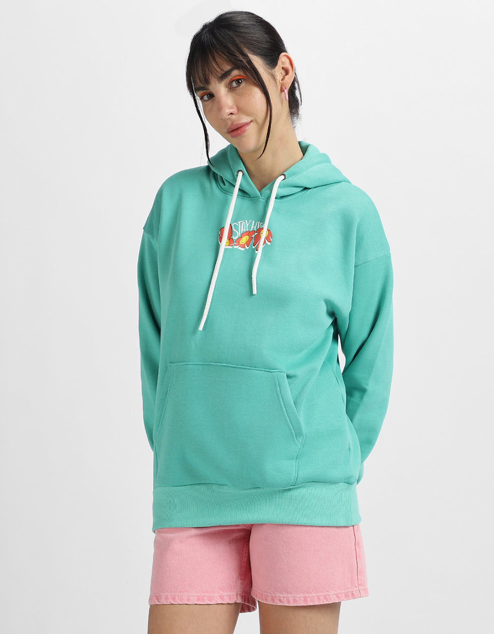 Stay High Graphic Printed Green Oversized Hoodie