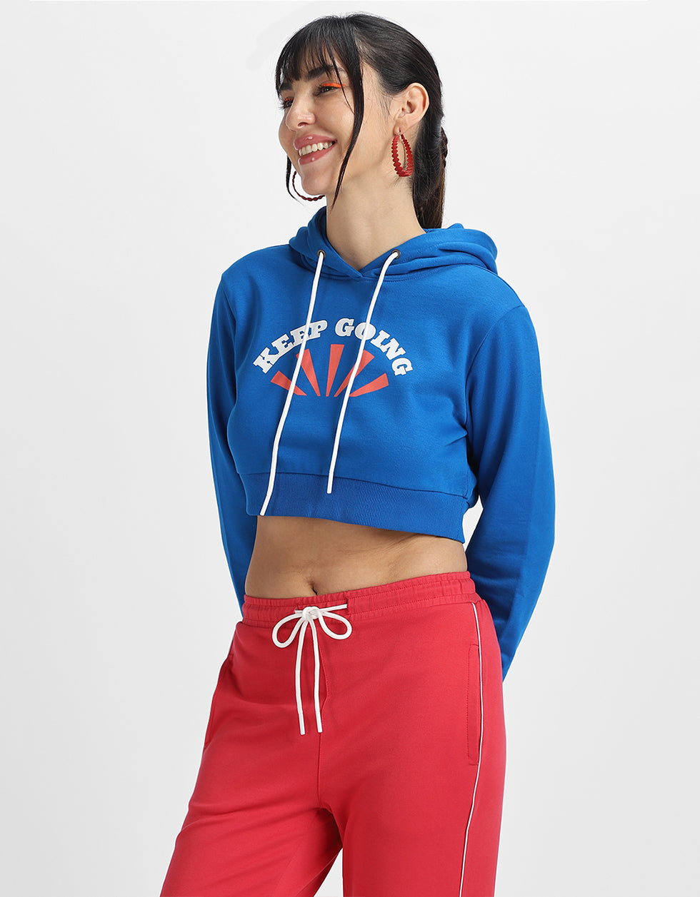 Go Outside Printed Blue Crop Hoodie