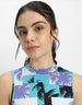 White & Blue Printed High Neck Cropped Tank Top