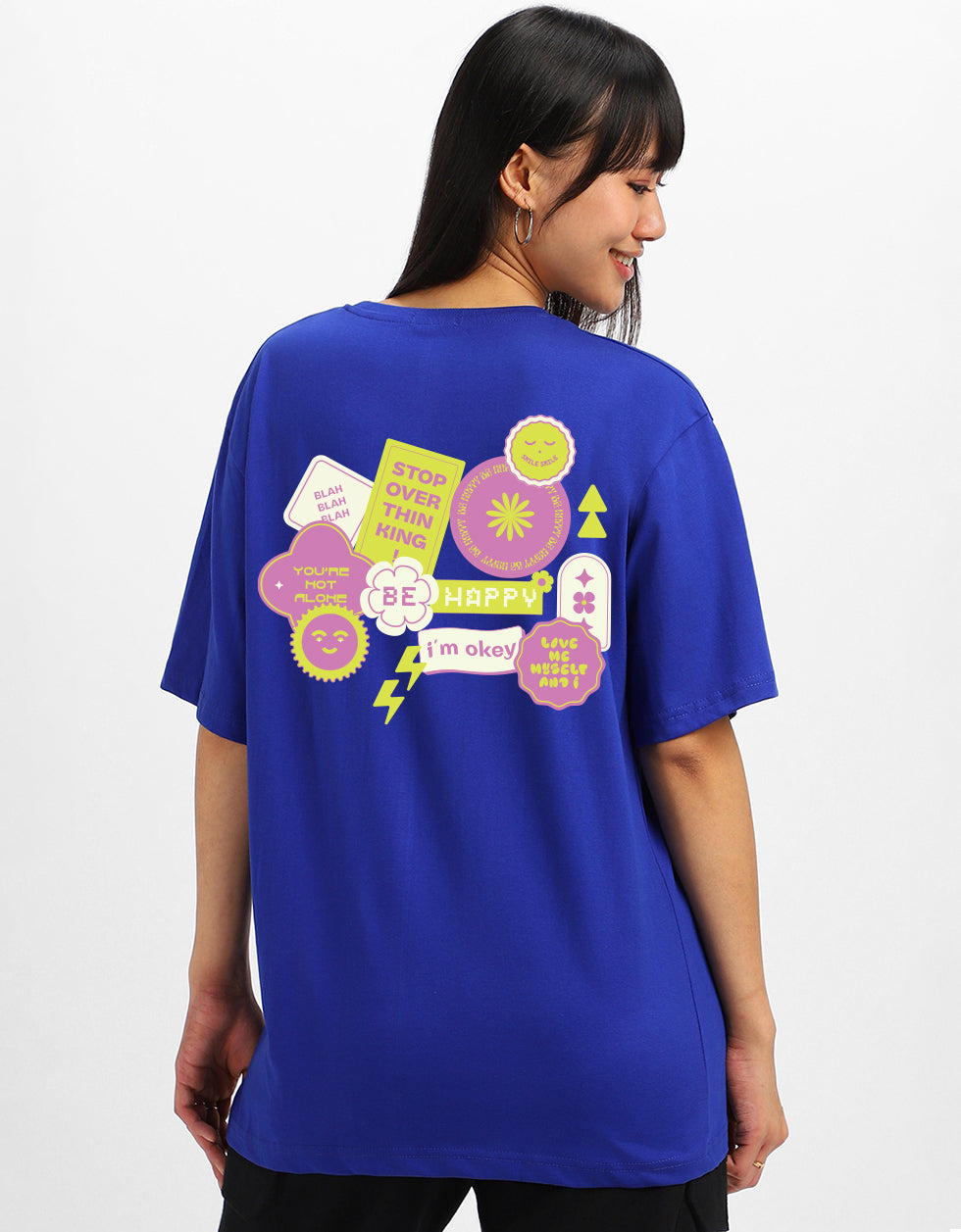 Be Happy Royal Blue Oversized Fit Graphic T-Shirt