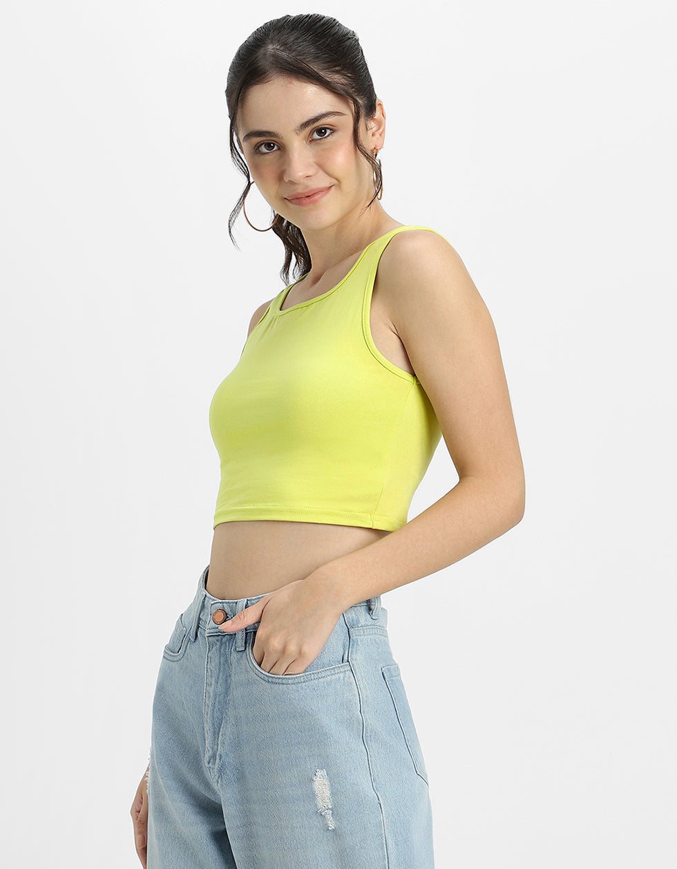 Lime Green Plain Square Neck Cropped Tank Top