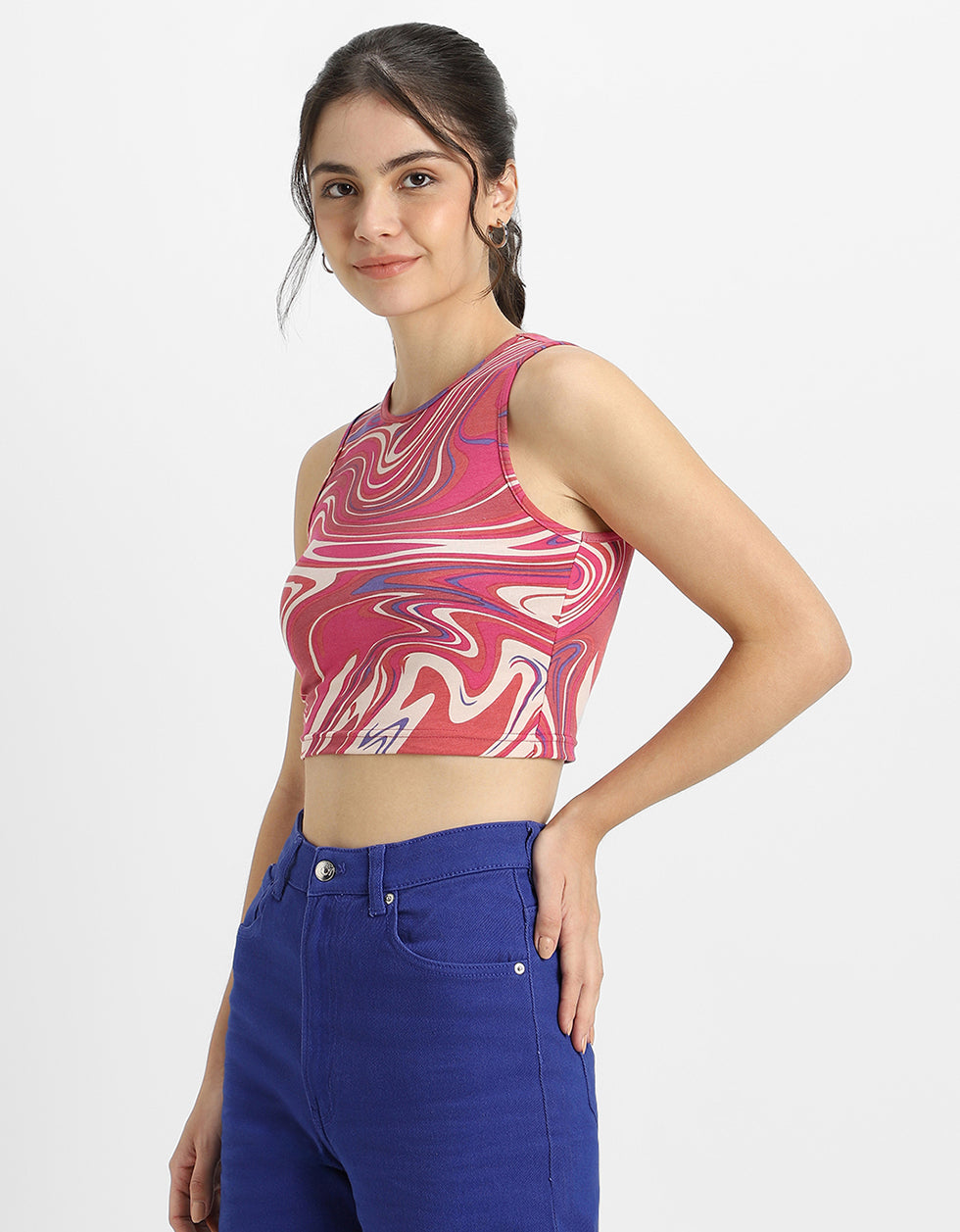Pink Abstract Printed Round Neck Cropped Tank Top