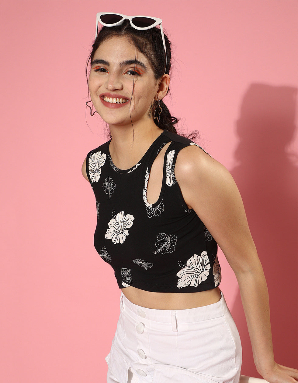 Black Designer Floral Print Regular Fit Crop-Top
