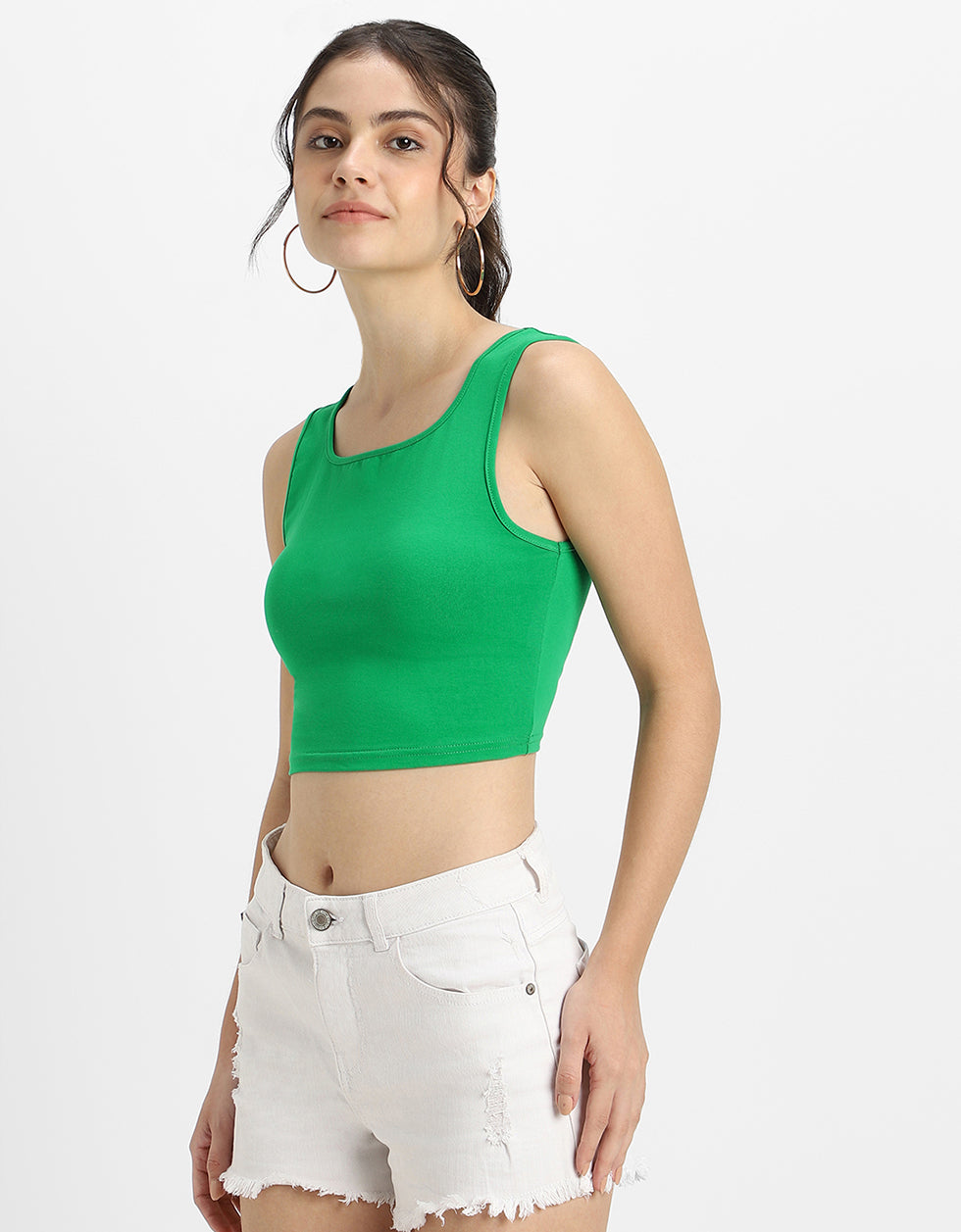 Green Solid Square Neck Cropped Tank Top
