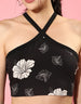 Black Floral Print Halter Neck Crop Top and Skirt Set