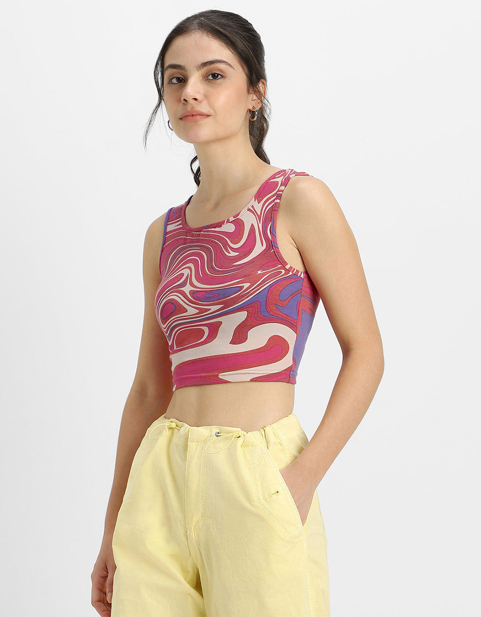 Pink Abstract Printed Round Neck Cropped Tank Top