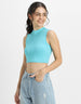 Blue Radiance Plain High Neck Cropped Tank Top