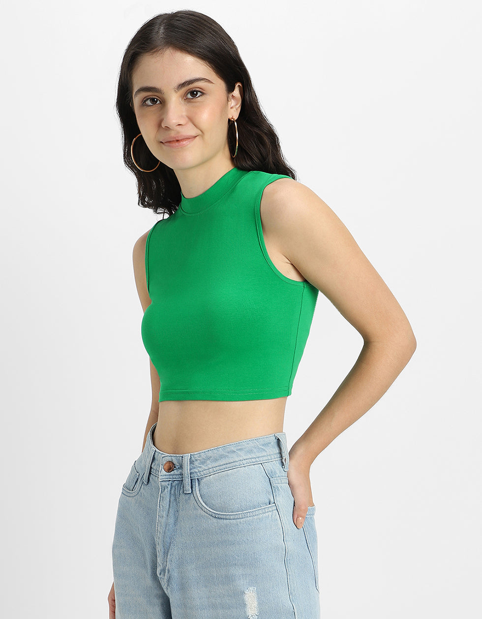 Green Plain High Neck Cropped Tank Top