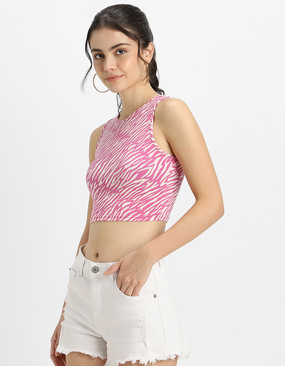 Pink Printed Round Neck Neck Cropped Tank Top