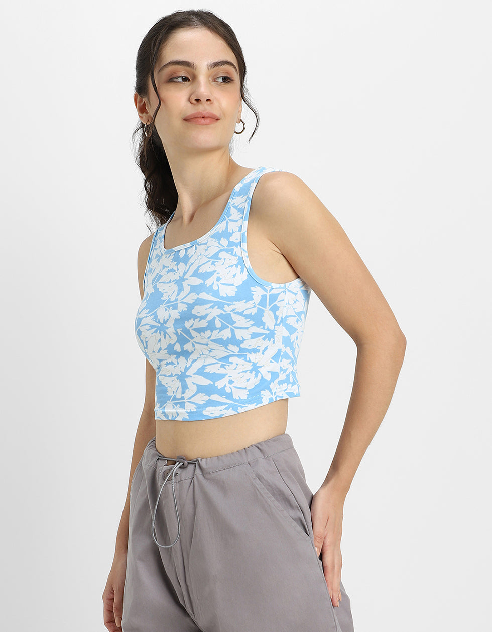 Blue Floral Printed Square Neck Cropped Tank Top