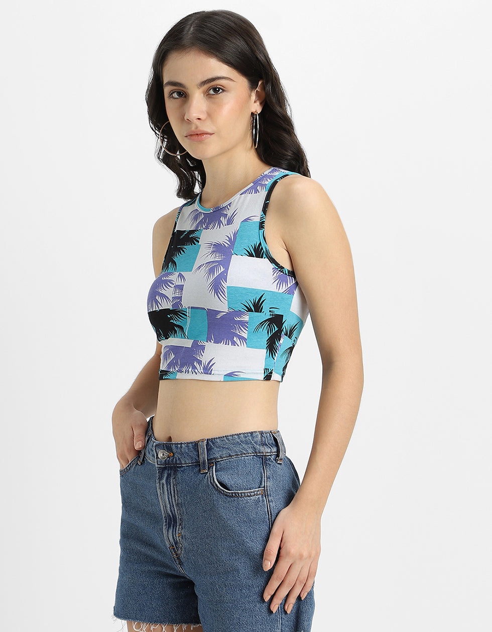 White Printed Round Neck Cropped Tank Top