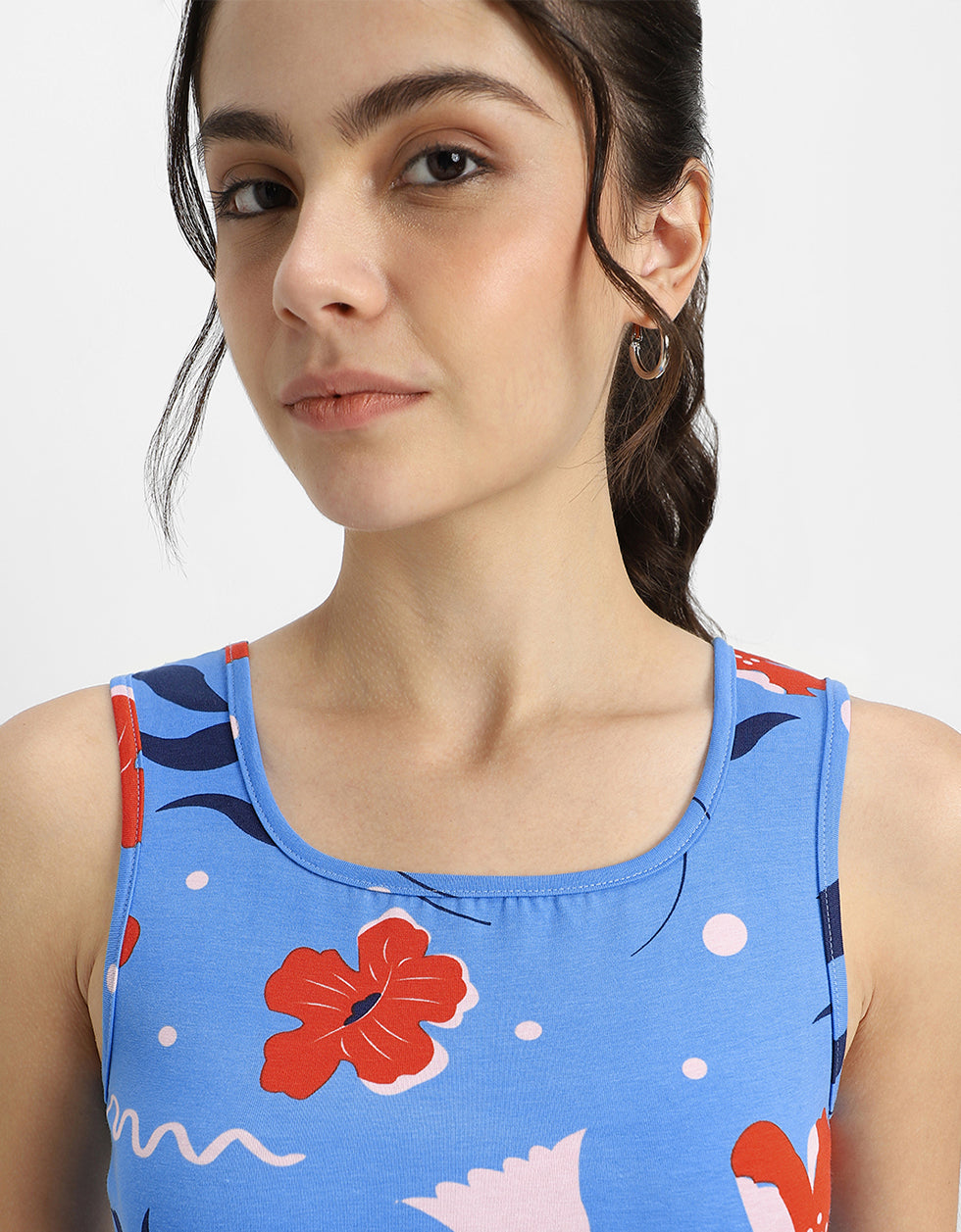Blue Floral Printed Square Neck Cropped Tank Top
