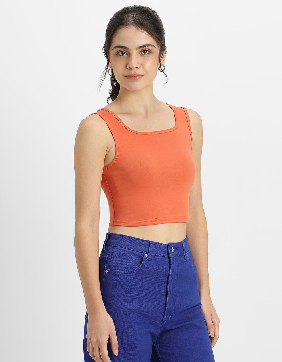 Orange Plain Square Neck Cropped Tank Top