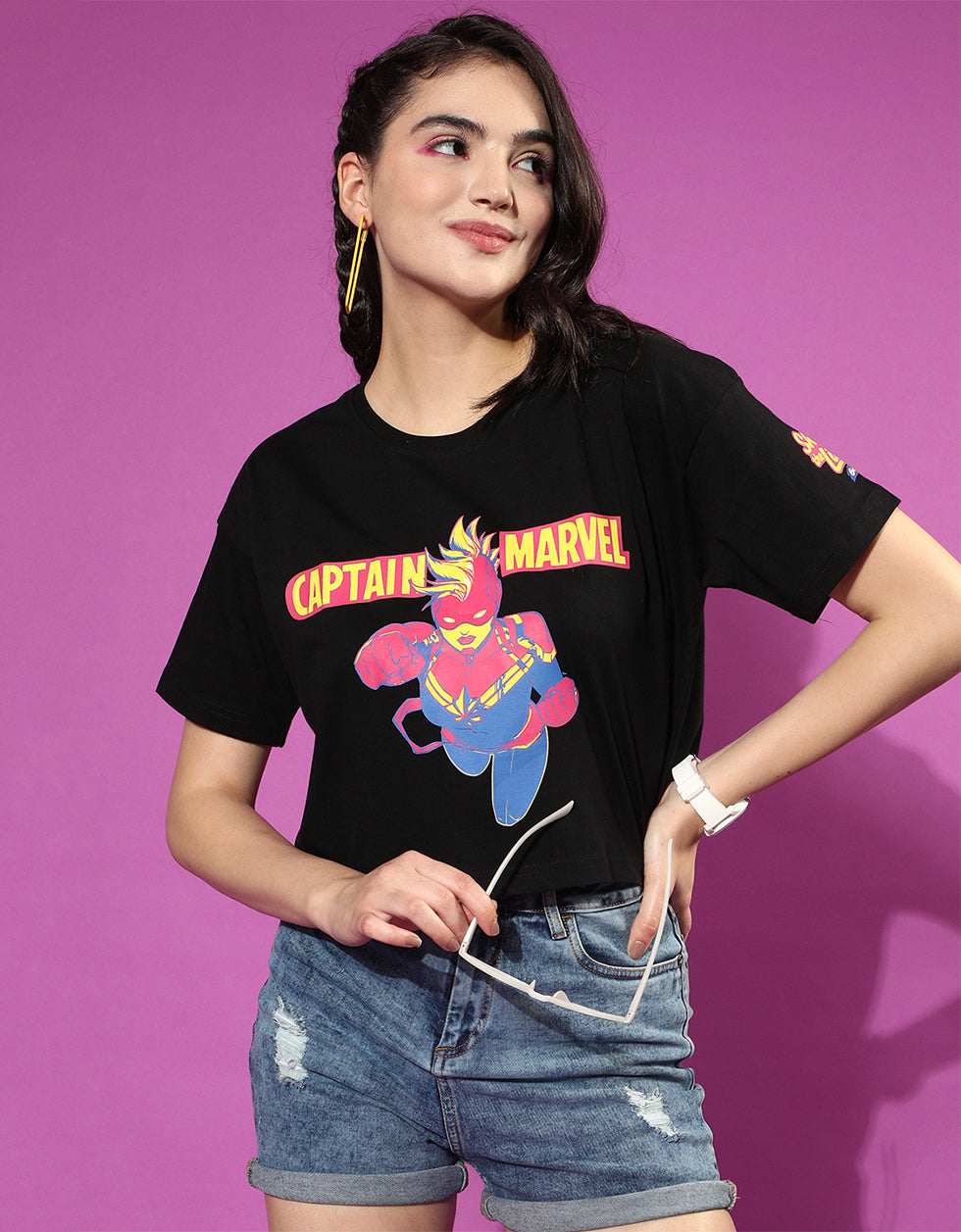 Captain Marvel Black Graphic Print  Crop Top