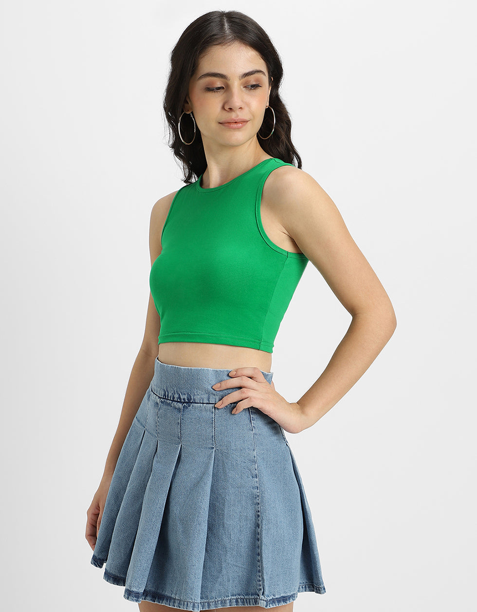 Green Plain Round Neck Cropped Tank Top
