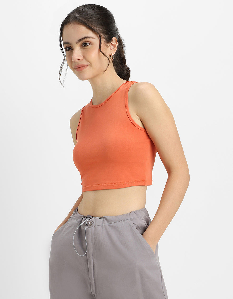Orange Plain Round Neck Cropped Tank Top