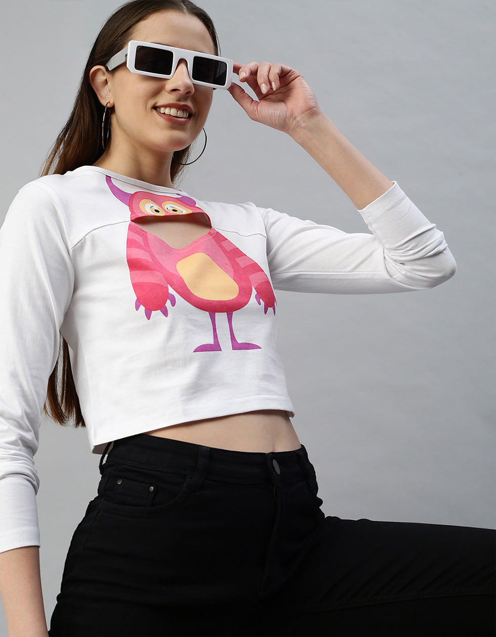 Owl White Graphic Printed Crop-Top