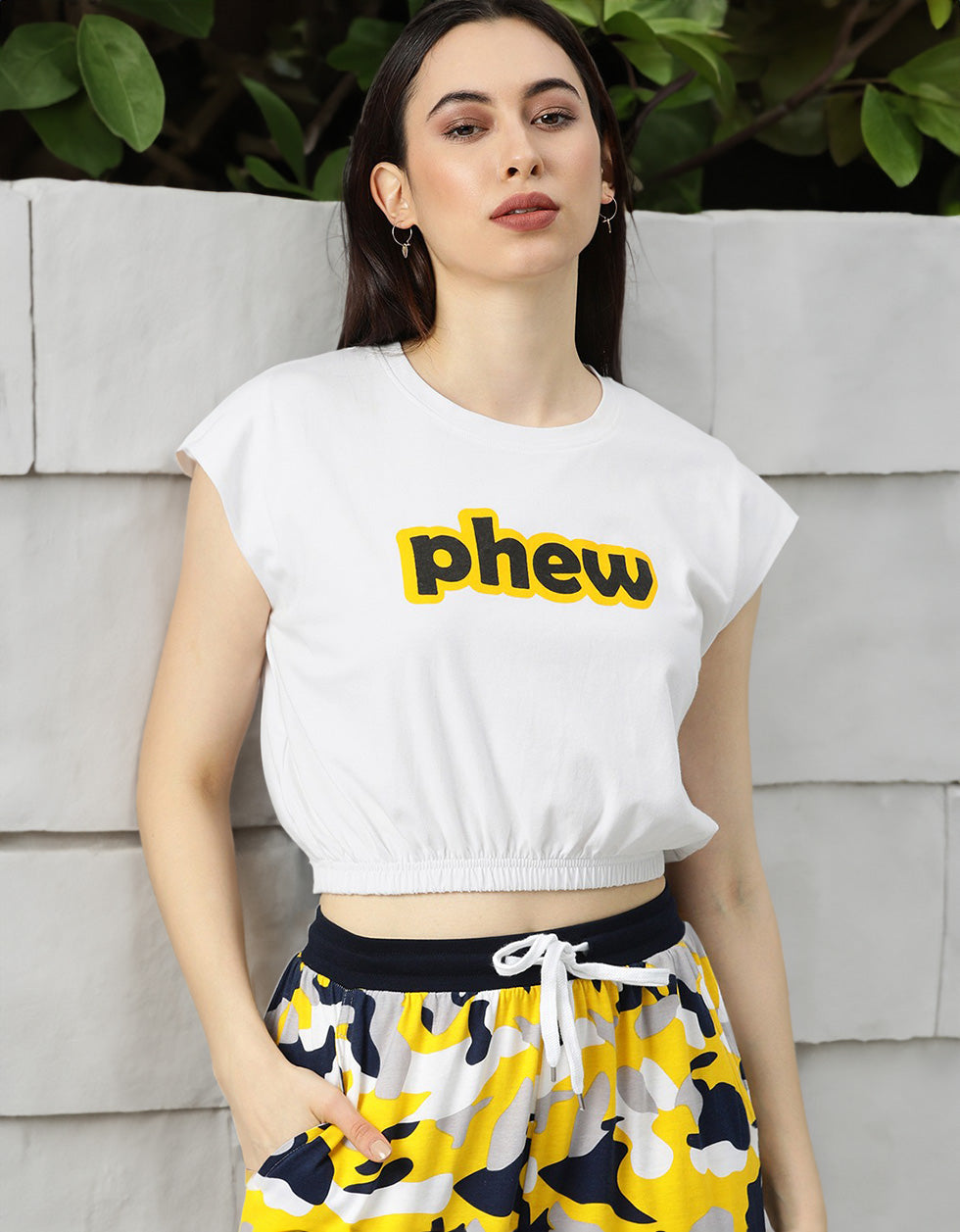 Phew White Graphic Printed Crop-Top