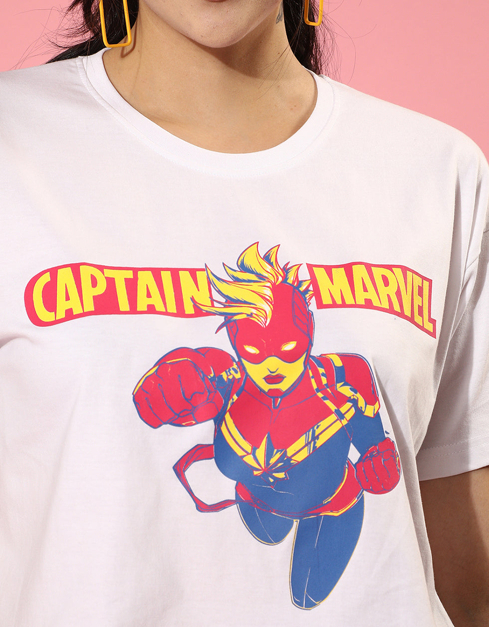 Captain Marvel White Graphic Print  Crop Top