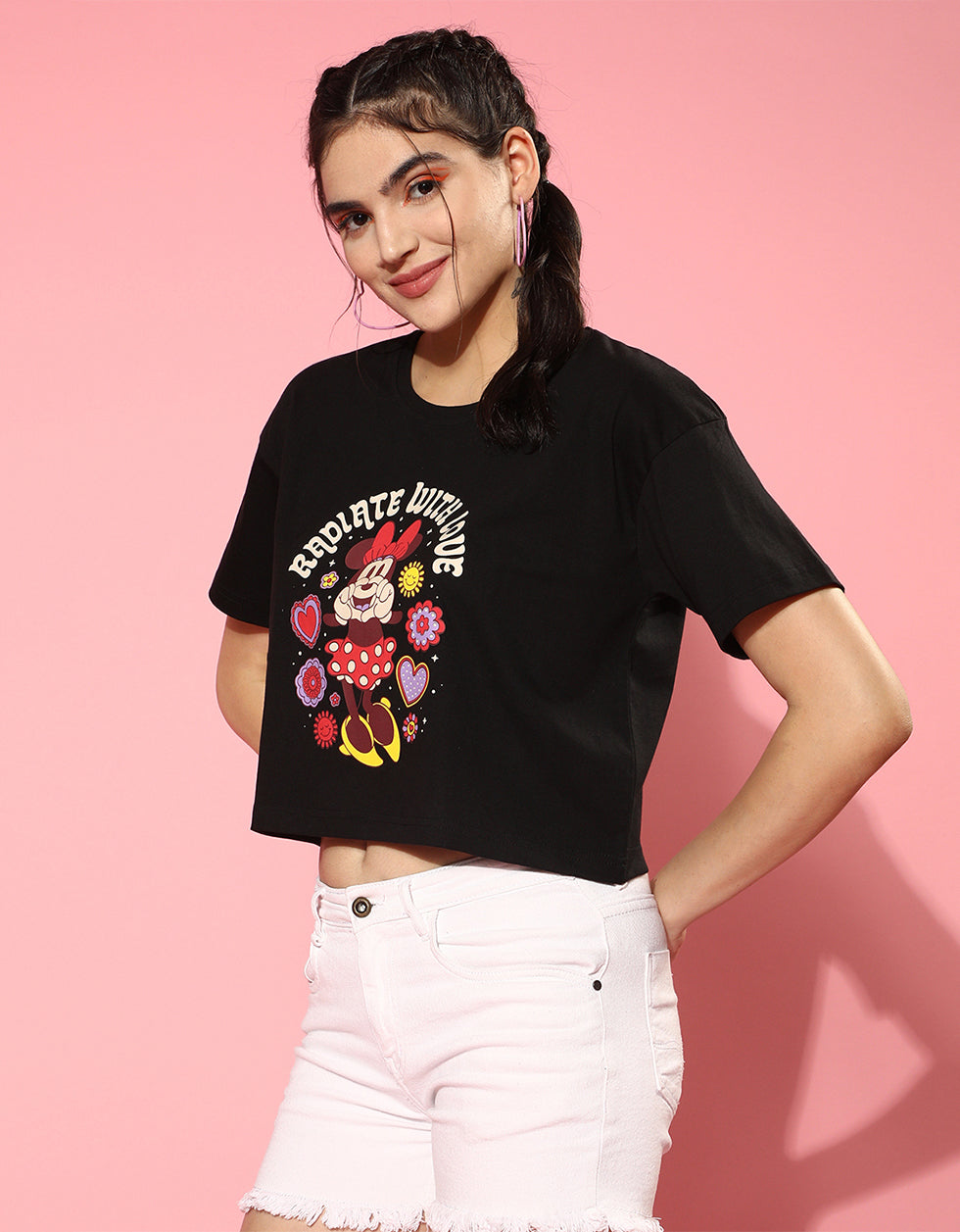 Mickey Minnie Black Graphic Printed Crop-Top