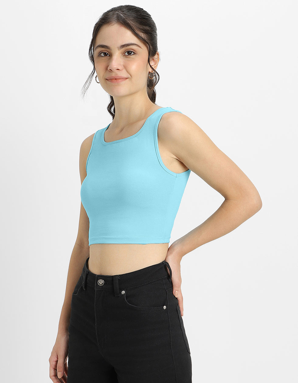 Ice Blue Plain Square Neck Cropped Tank Top
