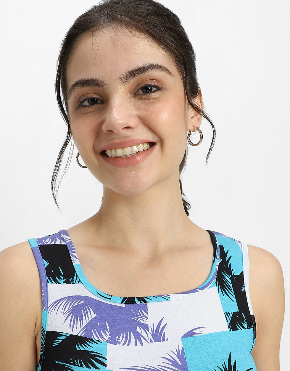 White & Blue Printed Square Neck Cropped Tank Top