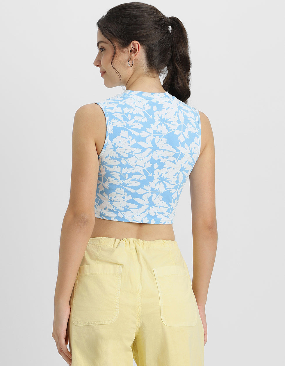 Blue Radiance Floral Printed High Neck Cropped Tank Top