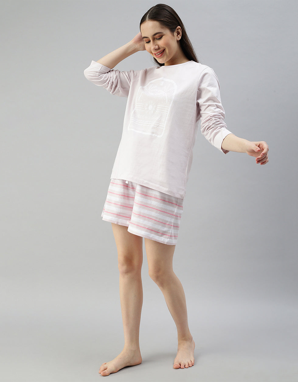 Sunday for Snuggles Lilac Printed Round Neck Top With Shorts Co-Ord Set