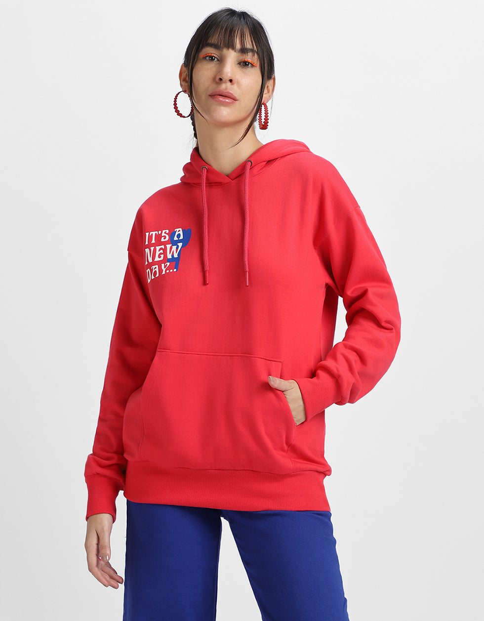 It's A New Day Printed Magenta Oversized Hoodie