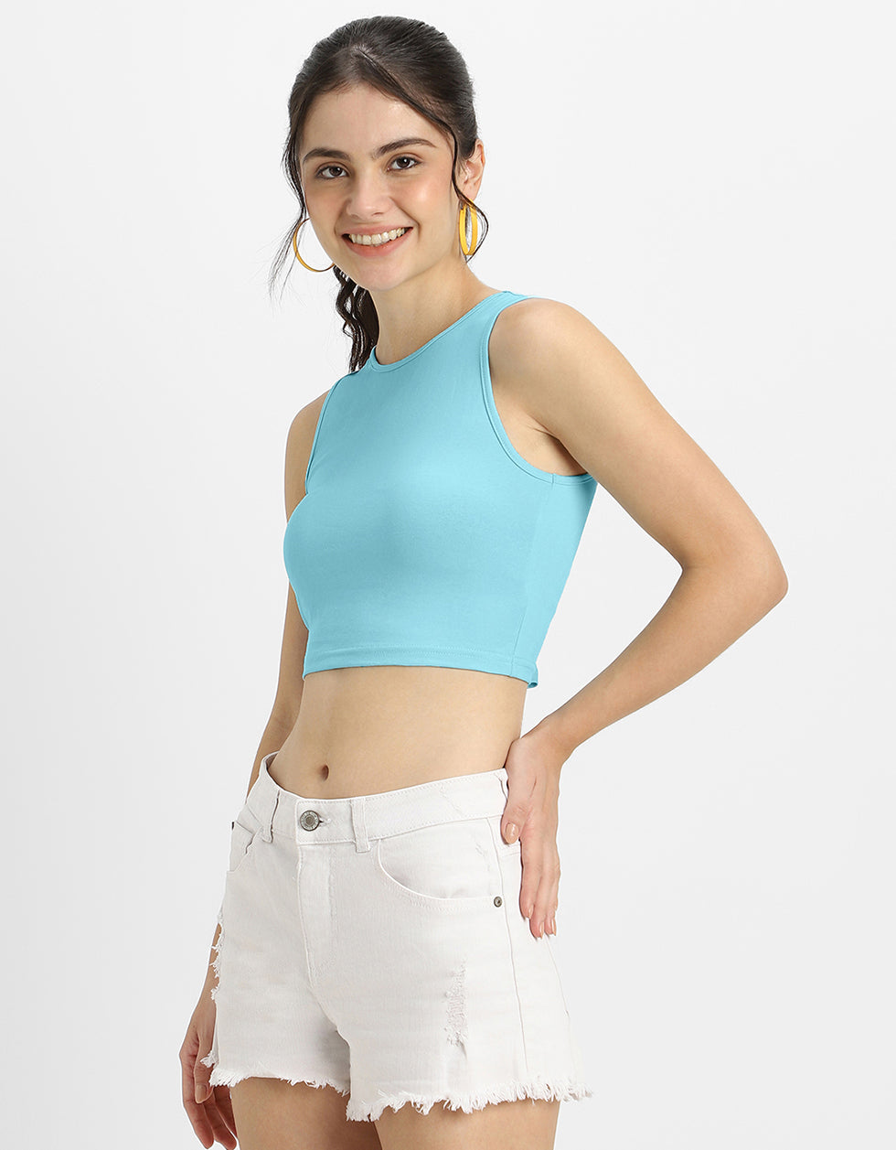 Ice Blue Plain Round Neck Cropped Tank Top