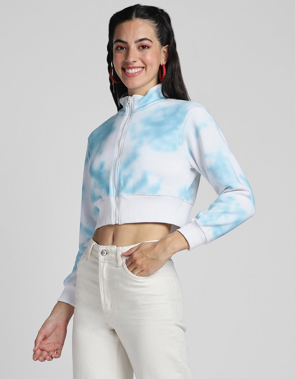 Babe Printed Tie-Dye Regular Fit White Zipper Crop Jacket