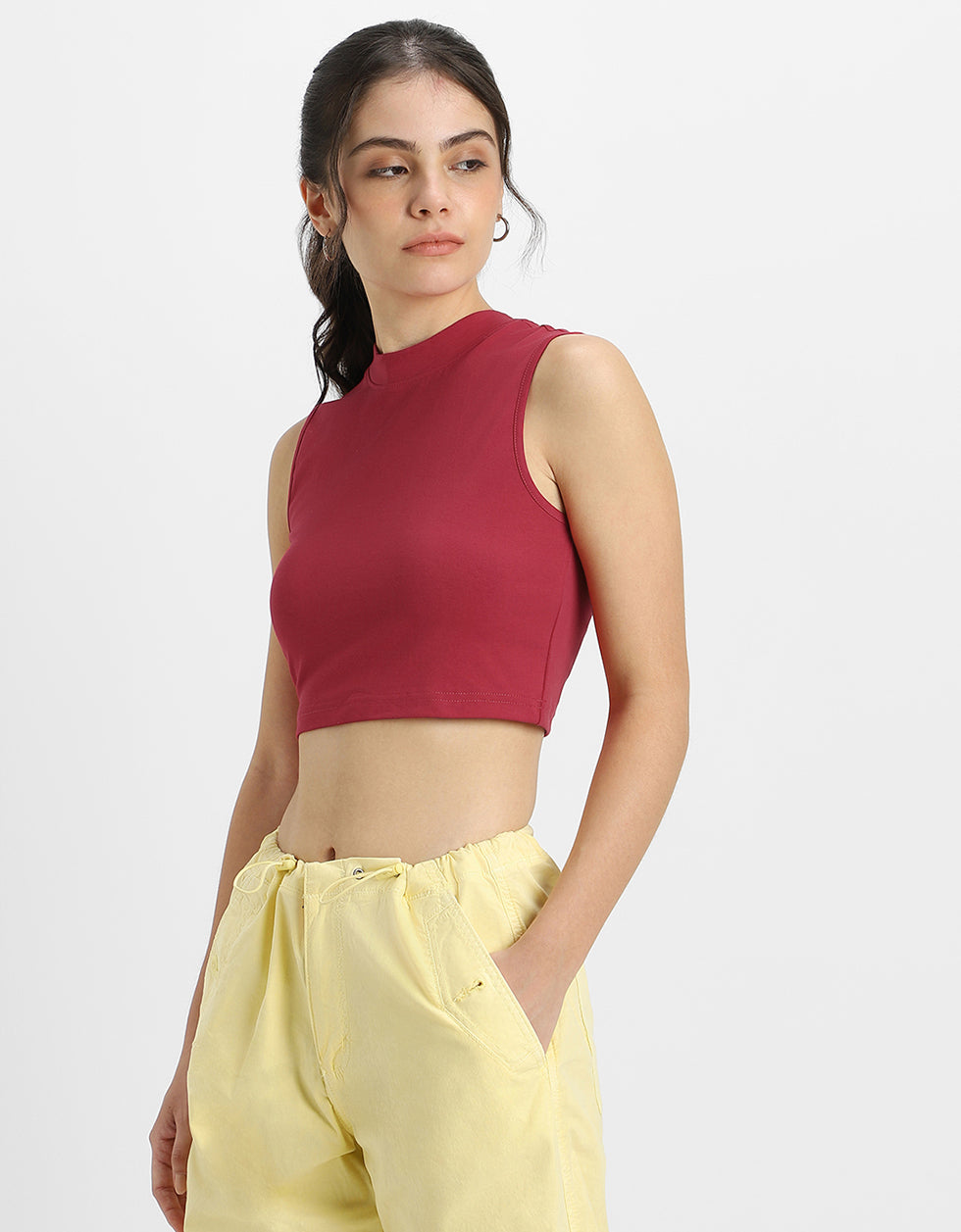 Viva Magenta Plain High Neck Cropped Tank Top
