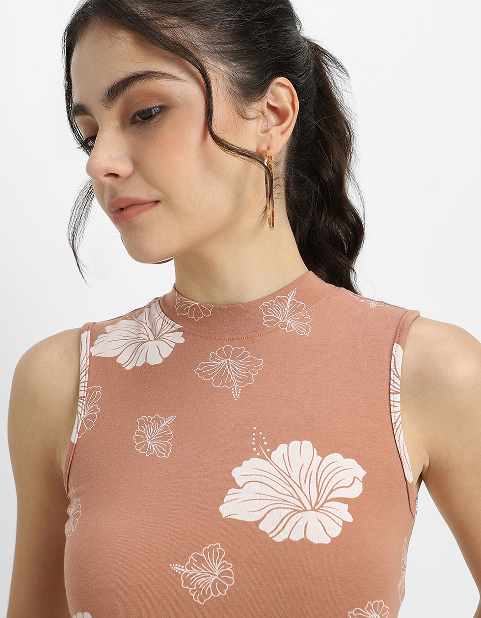 Brown Printed High Neck Cropped Tank Top