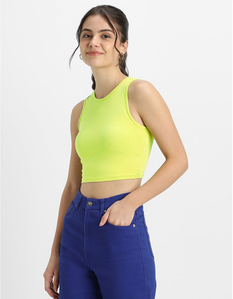 Lime Green Plain Round Neck Cropped Tank Top