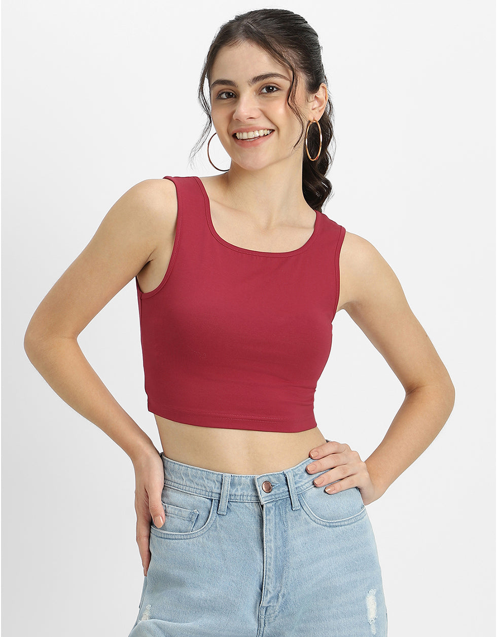 Viva Magenta Plain Square Neck Cropped Tank Top