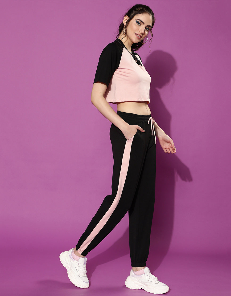 Pink and Black Back Printed V-Neck Crop Top With Trouser Co-Ords Set