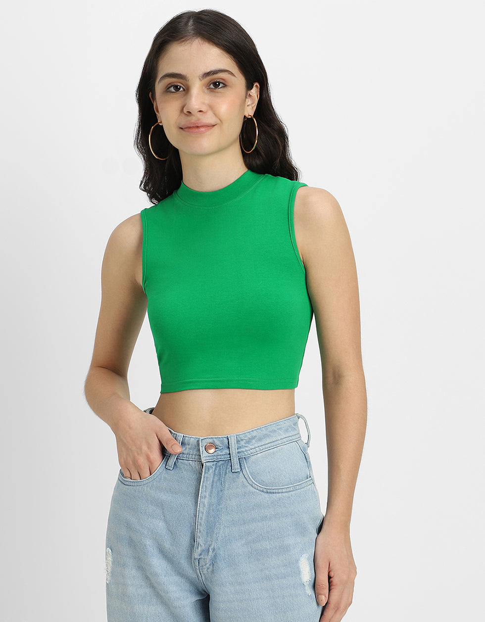 Green Plain High Neck Cropped Tank Top