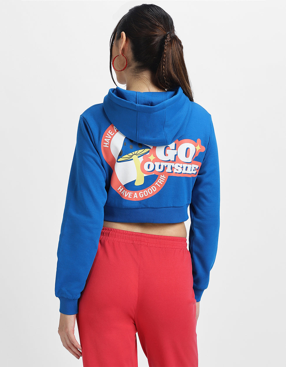 Go Outside Printed Blue Crop Hoodie