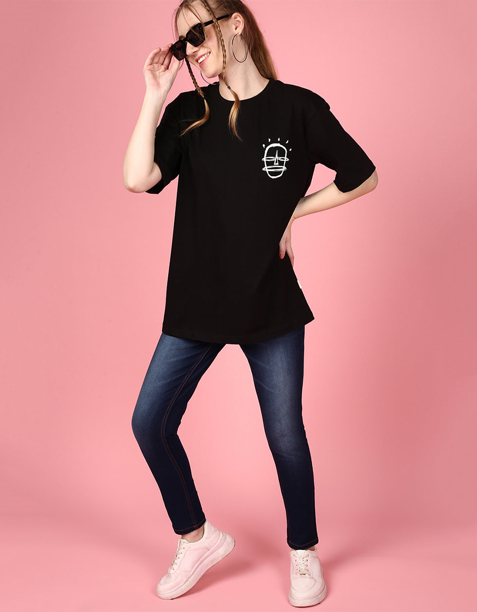 Happy Guy Black Graphic Printed Oversized T-Shirt