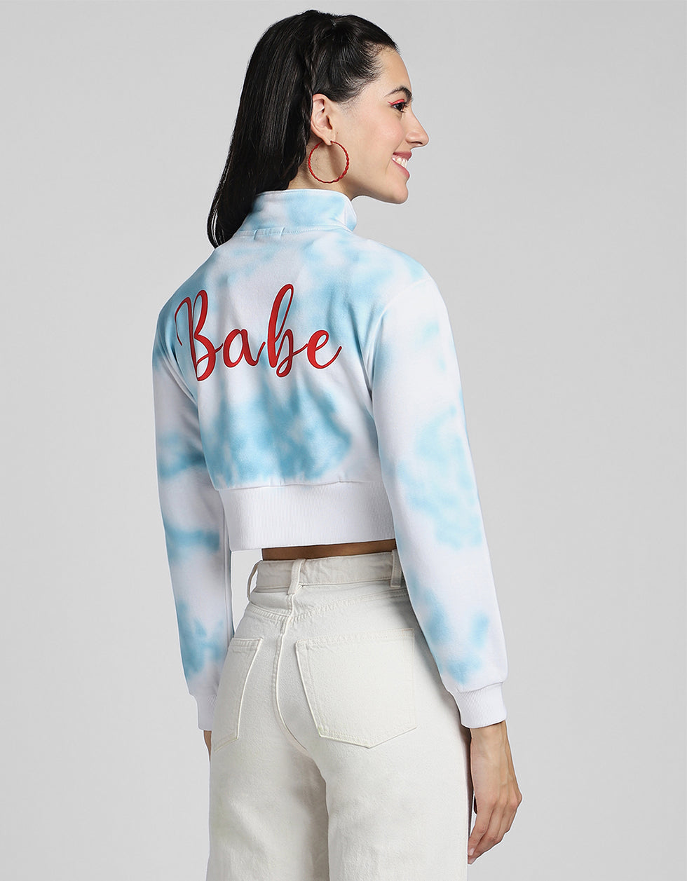 Babe Printed Tie-Dye Regular Fit White Zipper Crop Jacket
