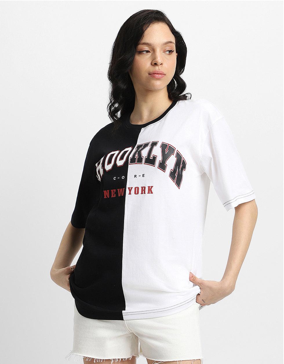 Brooklyn Black & White Graphic Printed Oversized T-Shirt