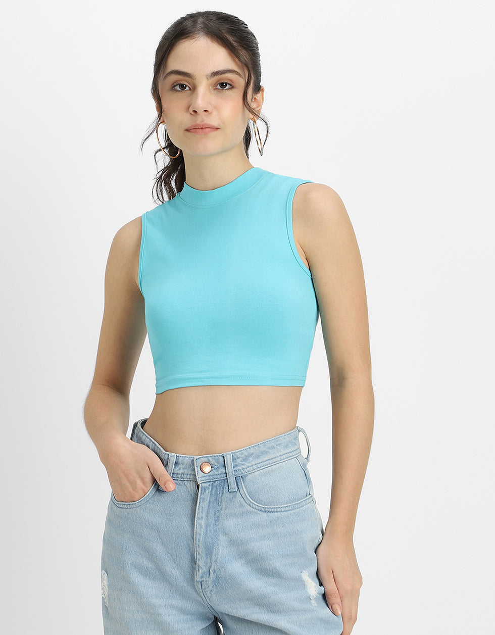 Blue Radiance Plain High Neck Cropped Tank Top