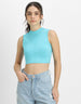 Blue Radiance Plain High Neck Cropped Tank Top