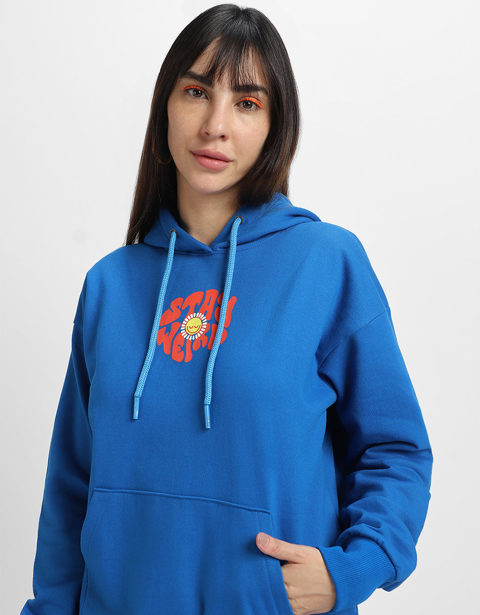 Stay Weird Blue Printed Oversized Hoodie