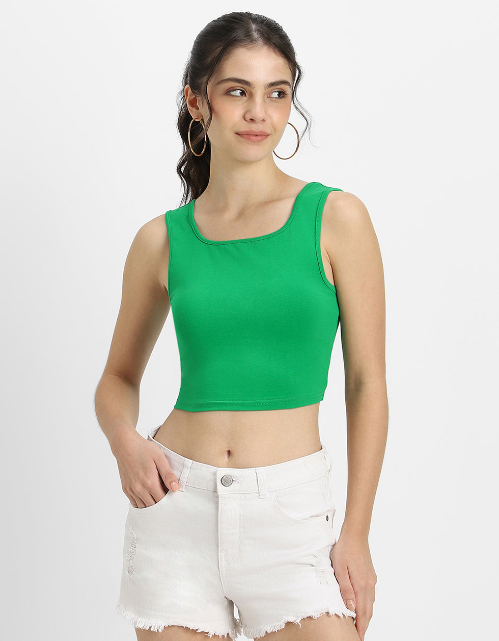 Green Solid Square Neck Cropped Tank Top