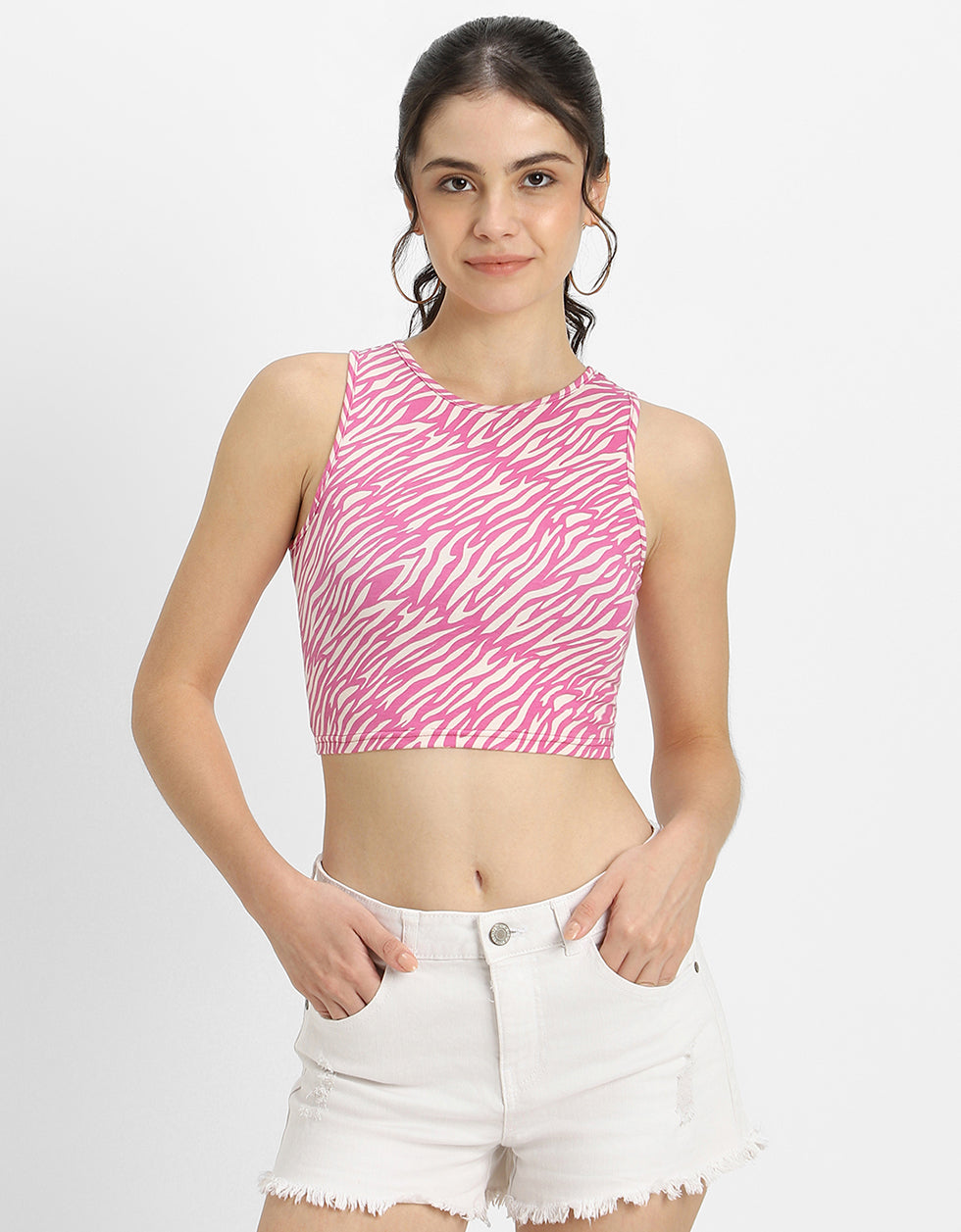 Pink Printed Round Neck Neck Cropped Tank Top